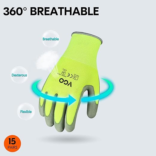 Vgo... 15-Pairs Safety Work Gloves, Gardening Gloves, Polyurethane Coated, Dipping Gloves, Latex Free (Size M, Yellow, PU2103)