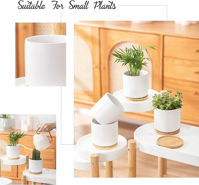 OMAYKEY 4 Inch Ceramic Plant Pot with Saucer, White Planters Pots with Drainage Hole and Mesh Pads for Succulent, Snake, Cactus, Herbs - 4 Packs(Plant Not Included)