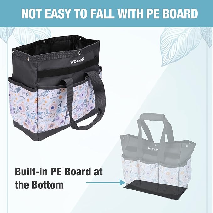 WORKPRO Garden Tool Bag, 9 Pockets Gardening Bag, Heavy Duty Oxford Garden Tote Caddy (Tools NOT Included), 12" x 12" x 6" (Floral White)