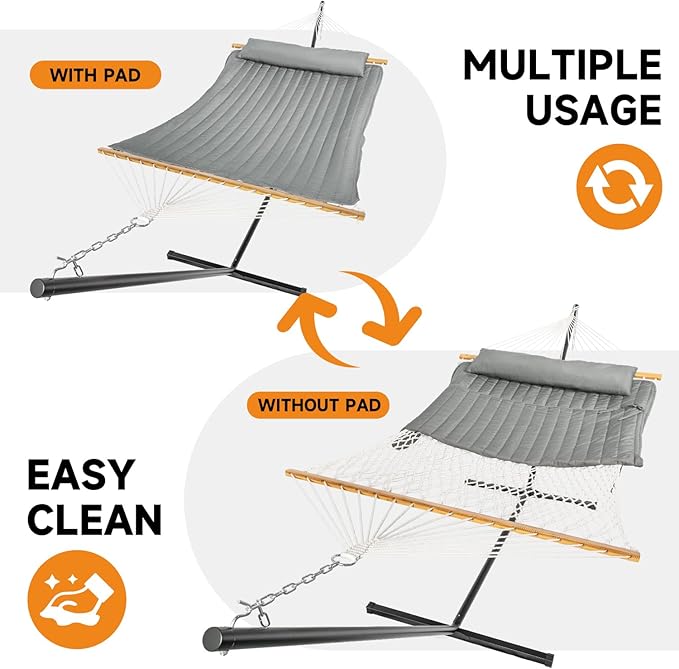 2 Person Outdoor Hammock with Stand, Cotton Rope Hammock with Polyester Pad, Adjustable Steel Frame, Portable with Carrying Bag – for Patio, Backyard, Garden, Beach, Urban-Gray