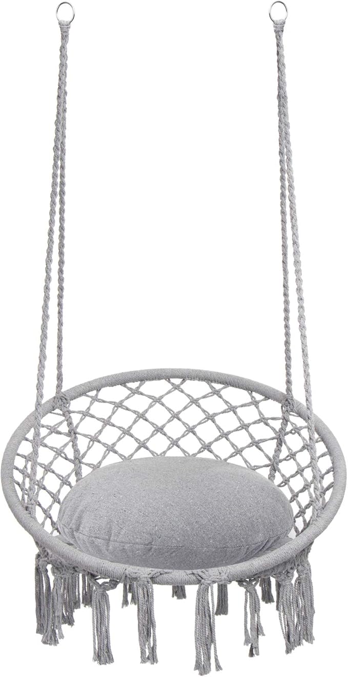 Y- STOP Hammock Chair Macrame Swing, Max 330 Lbs, Hanging Cotton Rope Hammock Swing Chair for Indoor and Outdoor Use, Light Grey