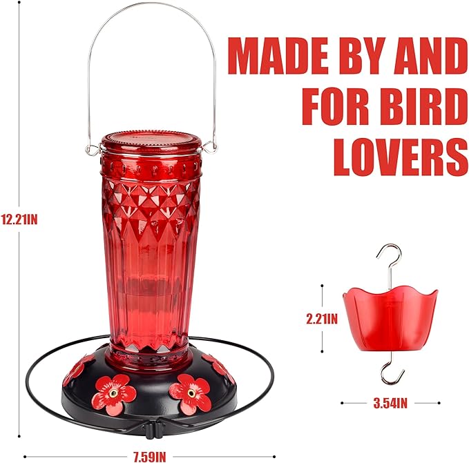 Hummingbird Feeder-16 Ounces，6 Feeding Ports Glass Hummingbird feeders for Outdoors,Wide Mouth for Easy Filling/Cleaning，Hanging for Garden Backyard Decor, Includes Ant Moat (Red)
