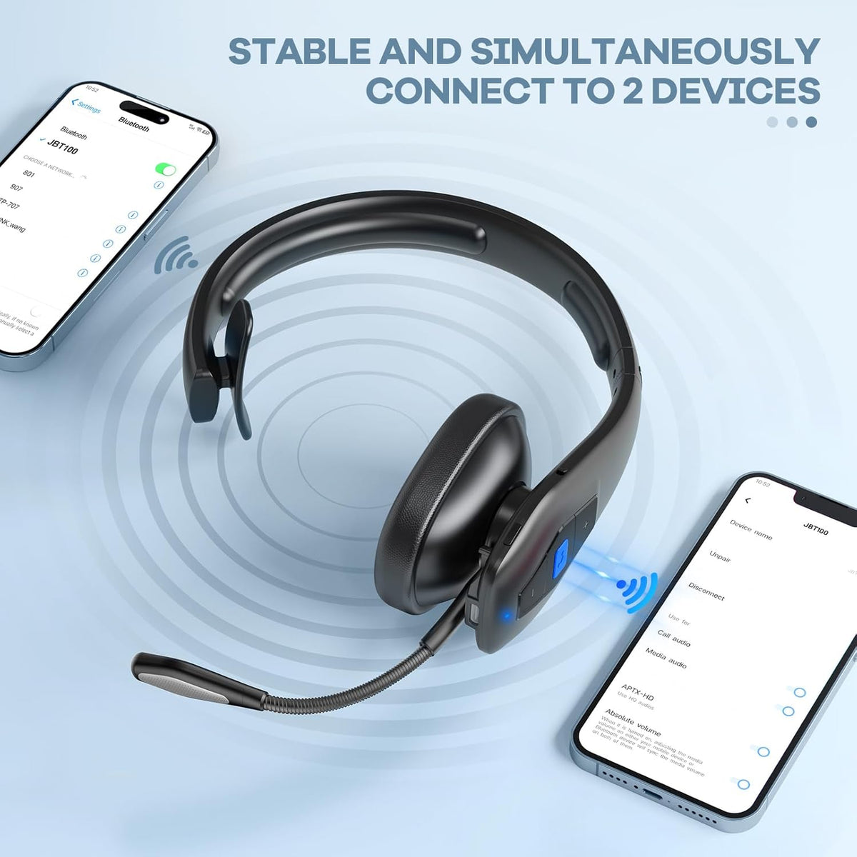 CONAMBO JBT100 Trucker Bluetooth Headset with Dual Mic Noise Canceling, CVC8.0, Mute Button, 60Hrs Battery Wireless Headset, On Ear Headphone for Cell Phones Business Home Driver Office Work