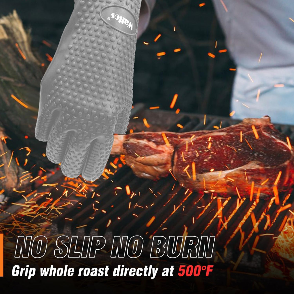 Walfos Silicone BBQ Gloves - Heat Resistant Grilling Gloves, Premium Non-Slip Kitchen Silicone Oven Mitt with Protective Cotton Layer Inside, Waterproof, Great for Grilling, Kitchen and Cooking, Gray