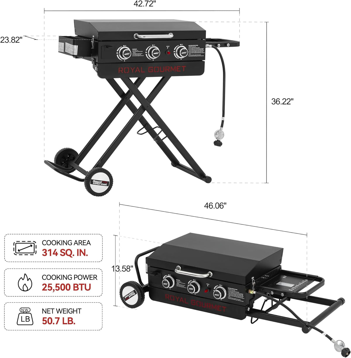 Royal Gourmet PD3001 3-Burner Propane Gas Griddle with Collapsible Stand, 23-Inch Portable Griddle with Side Table & 314 Sq. In. Cooking Area for Camping, Tailgating, Backyard & Patio, Black