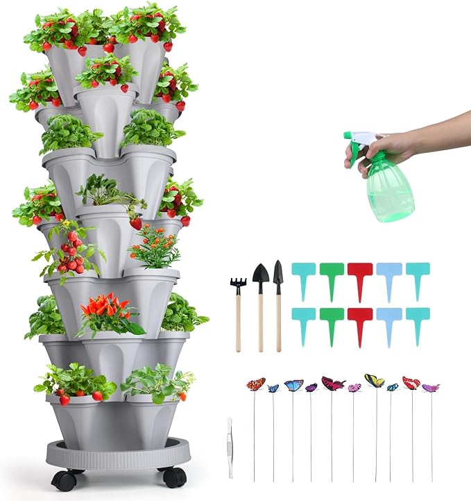 Vertical Planter, 7 Tier Stackable Strawberry Planter with Garden Tool Set, Movable Indoor/Outdoor Garden Herb Pot for Growing Vegetables and Succulents, Gray