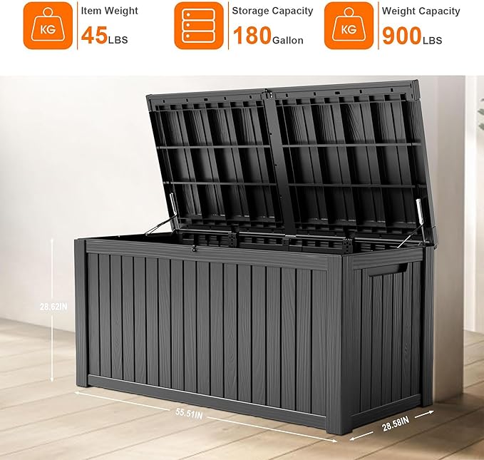 180 Gallon Resin Deck Box, Lockable Patio Outdoor Storage Box for Furniture, Garden Tools and Tools Storage, Waterproof Outside Storage Boxes - Black