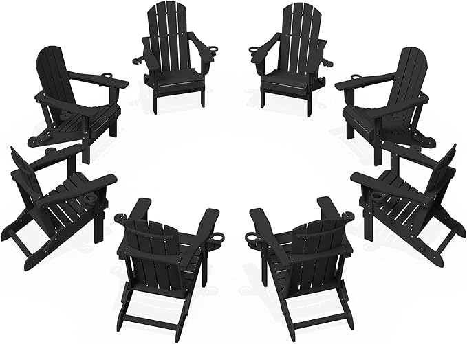 KINGYES Folding Adirondack Chair Set of 8, Dual Cup Holders & All-Weather HDPE, Wood-Like Patio Chair for Backyard, Camping, Pool & Fire Pit, Black
