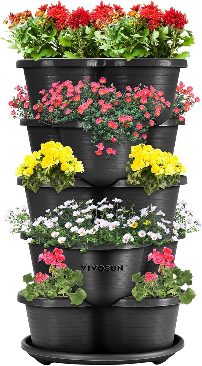 VIVOSUN 5 Tier Vertical Gardening Stackable Planter for Strawberries, Flowers, Herbs, Vegetables, Black