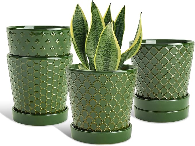 EFISPSS Ceramic Plant Pots, 5 Inch Planters with Drainage Holes and Ceramic Tray, Relief Design Flower Planter, Desktop Office Windowsill Decoration Gift Set of 4 - Blackish Green