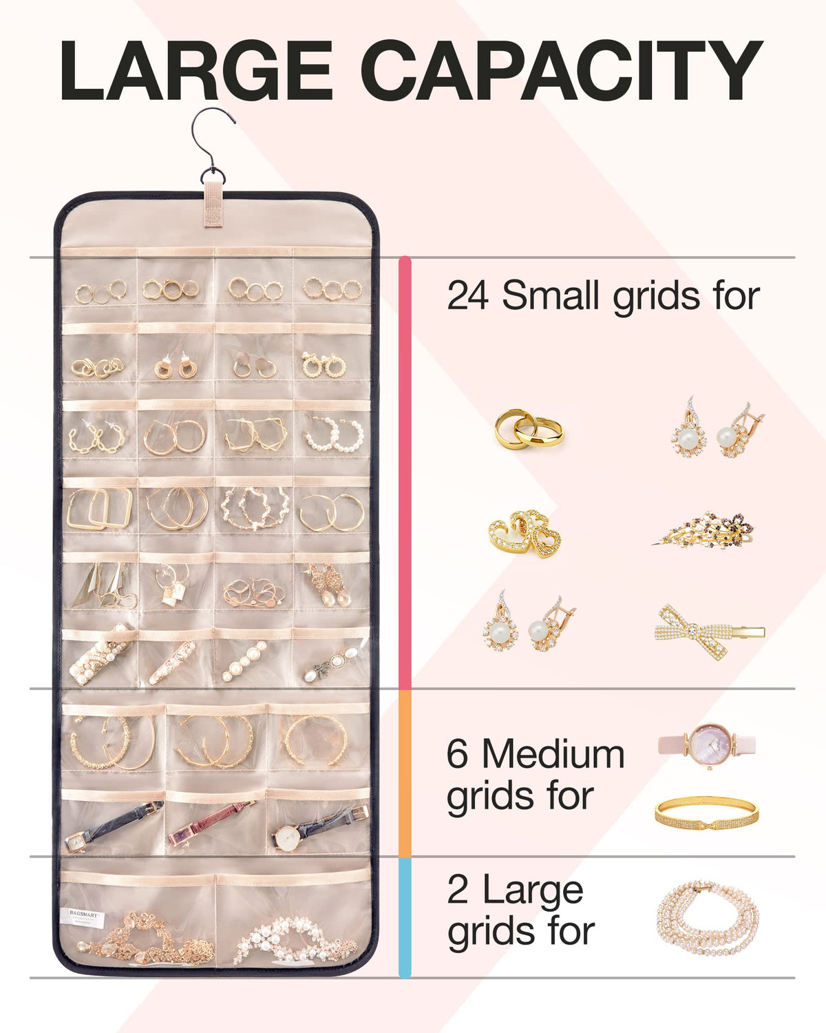 BAGSMART Hanging Jewelry Organizer Necklace/Earring/Ring 2-Sided L Black
