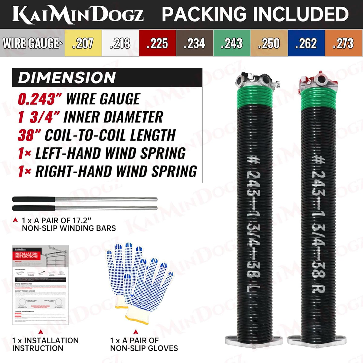 Pair of 1.75" Garage Door Torsion Springs Set with Non-Slip Winding Bars&Gloves, High Precision Electrophoresis Oil-Free Black Coated for Replacement, MIN 16,000 Cycles (0.243 x 1.75"x 38")