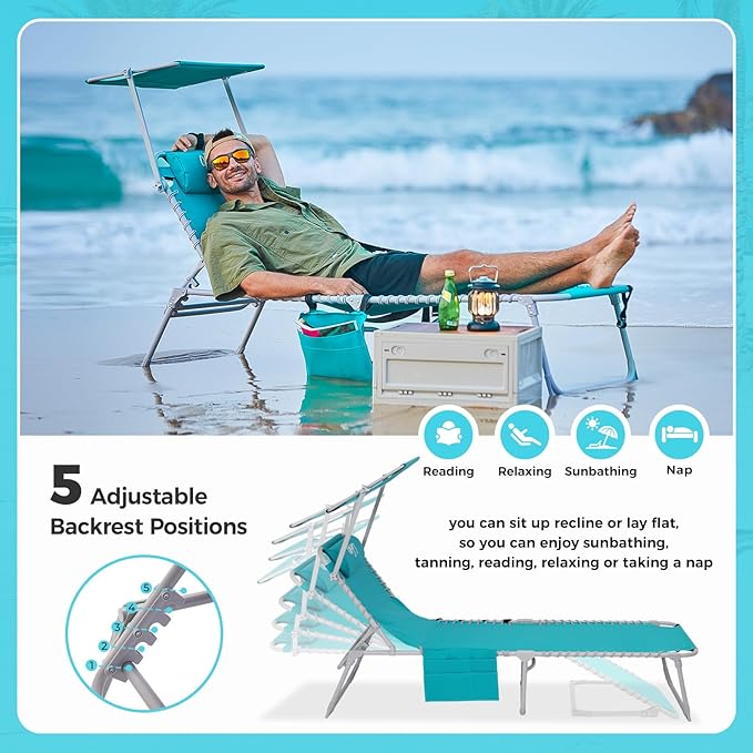 #WEJOY Folding Tanning Chair with Canopy Shade, Portable Adjustable 5-Position Patio Chaise Lounge with Pillow & Storage Pocket for Lay Flat Outdoor Lawn Backyard Beach Camping Pool (Cyan)