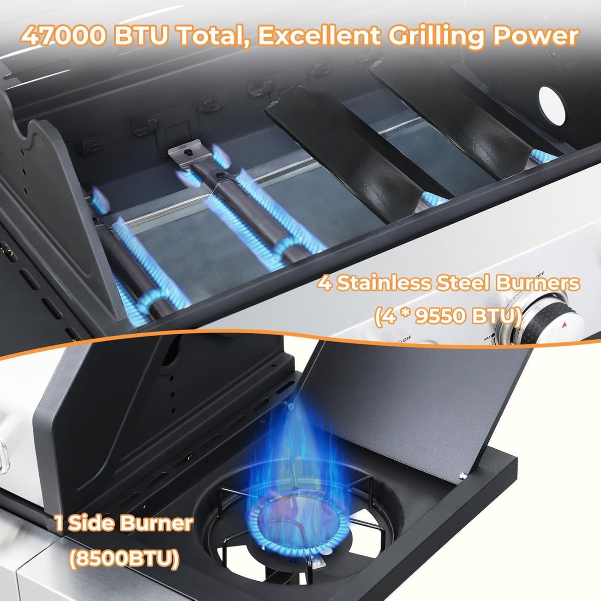 4 Burner Gas Grill with Side Burner, Dual-sided Frying Pan, Built-in Thermometer, Wheels, Side Table, Stainless Steel Burner, 47,000 BTU Outdoor Grill for Patio, Garden, Balcony