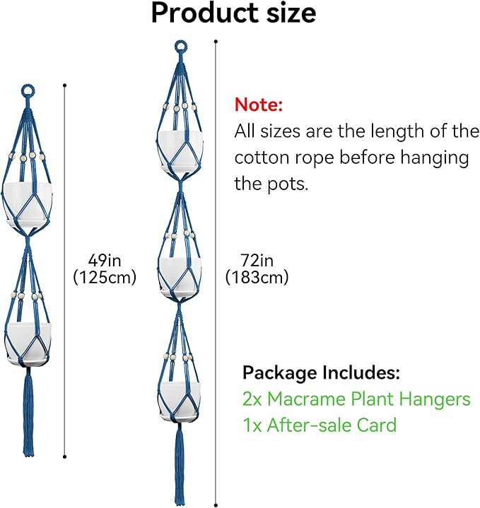 USLAI Macrame Plant Hanger Indoor Outdoor, Up to 4-15 inch Pot, Heavy 20lb Planters, Extra Long Strong Hanging Planter Basket Holder, Boho Home Decor, 49+72 Inch, Blue (POTS NOT Included)