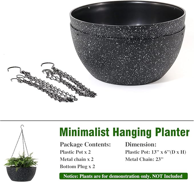 WOUSIWER 13 inch 2Pack Large Hanging Planters for Outdoor Indoor Plants with Drainage Holes and Chain, Round Hanging Flower Pots for Garden Home Porch Decor, Black Speckles