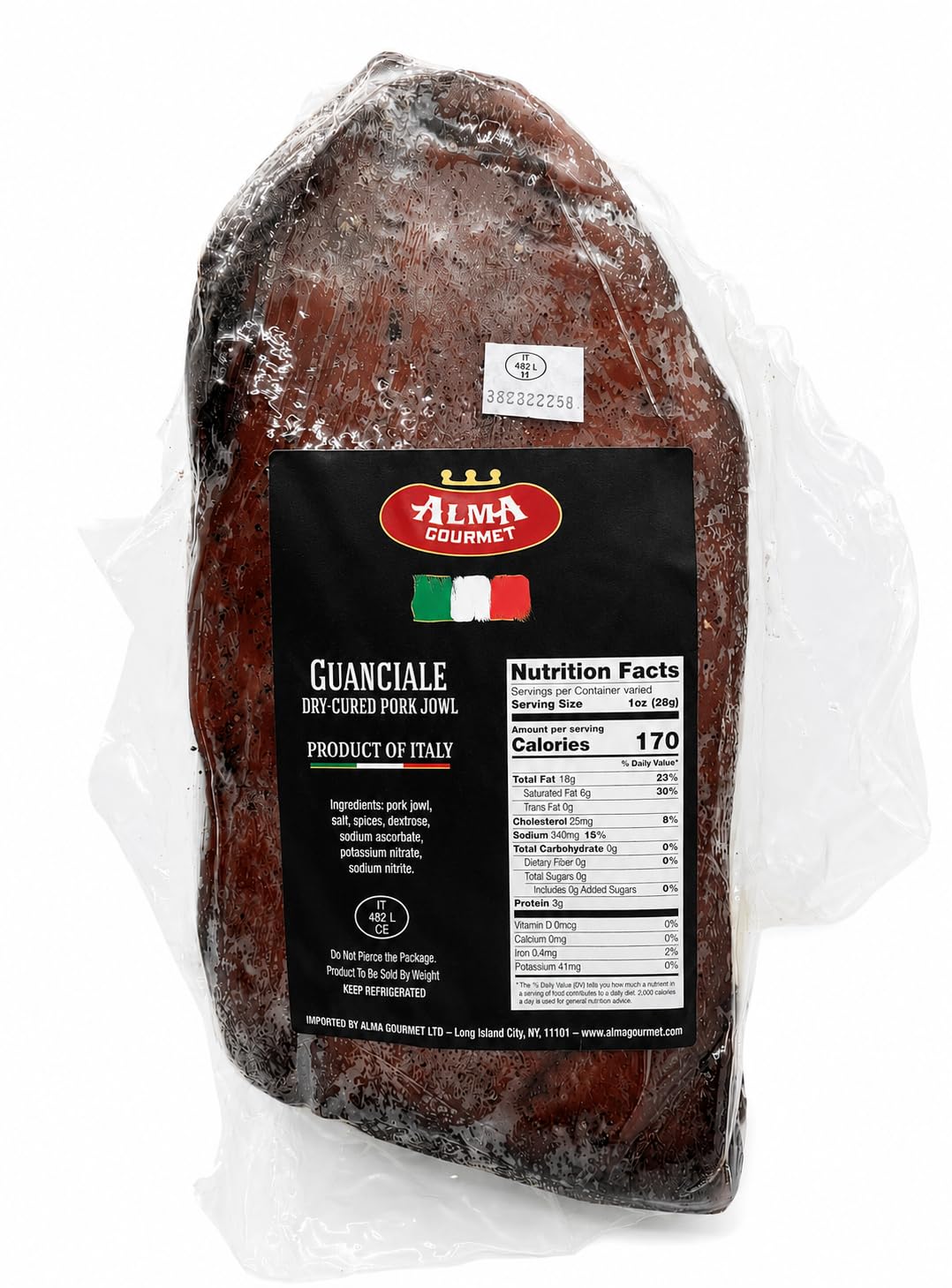 Alma Gourmet Guanciale From Italy - Italian Dry-Cured Pork Jowl, Aged 3 Months - Imported Cured Meat for Charcuterie - La Salameria - Approx. 2.8