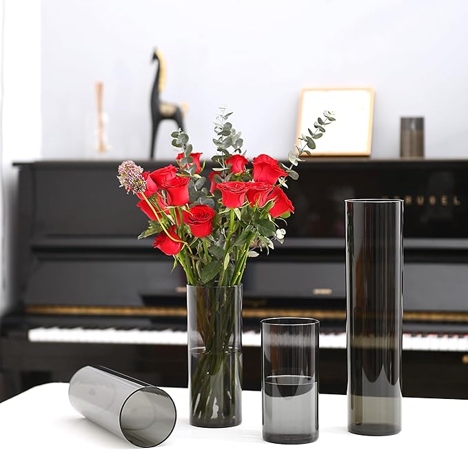 Flower Vase, Non-breakable Vases, 4" W x 12" H, Acrylic Grey Vase, Aesthetic Room Decor Cylindrical Modern Flower Vases for Table Centerpiece, Home Decor, Women Floral Arrangement Gift