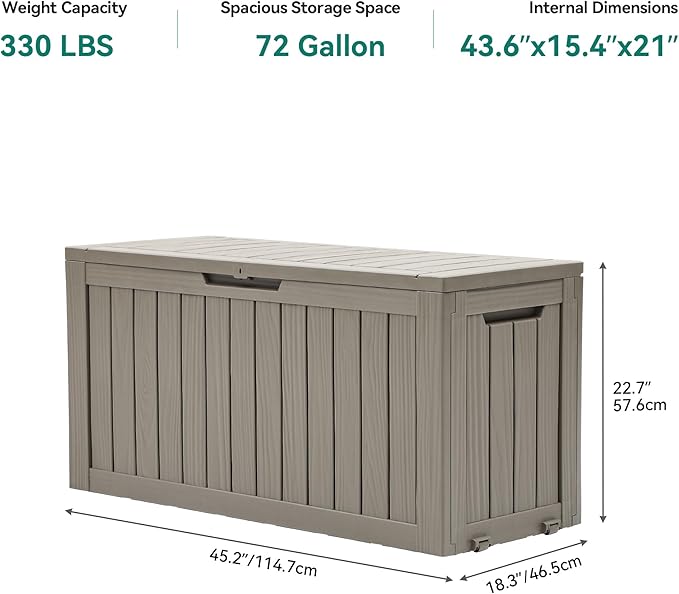 YITAHOME 72 Gallon Outdoor Resin Deck Box with Wheels, Pool Storage Box for Outdoor Cushions, Sports Equipment, Garden Tools, Light Brown