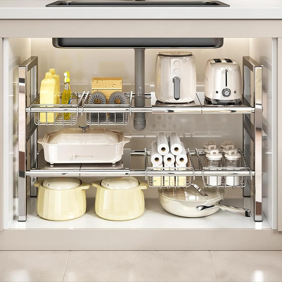 ADVEZO Large Under Sink Organizer 2 Tier Expandable Heavy Stainless Steel Shelf Adjustable Height for Under Kitchen Bathroom Sink Organizers and Storage (Large Size: 4 Panels 4 Storage Baskets)