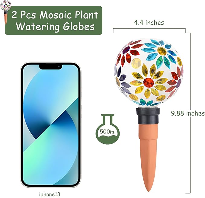 Terracotta Watering Spikes Mosaic Watering Globes for Outdoor Plants 2 Pack Automatic Plant Waterer Watering Devices Water Bulbs
