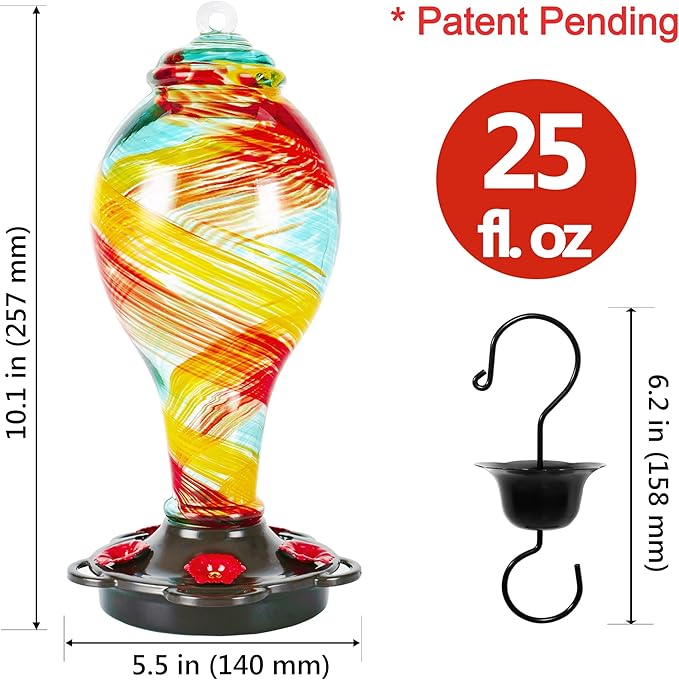 LUJII Hand Blown Glass Hummingbird Feeder for Outdoors Hanging with Ant Moat, 25 fl.oz, Leak Proof & Rustproof, Metal Base with 5 Feeding Ports & 5 Perches, Unique Garden & Backyard Decor (Ribbon)