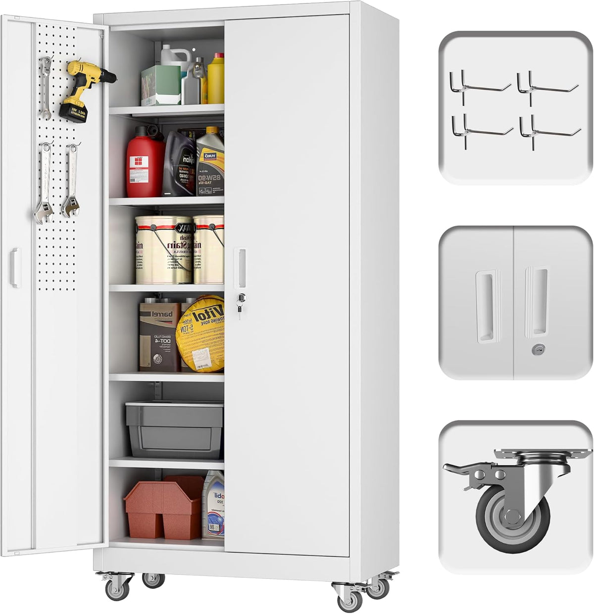 71" H×32" W×16" D Garage Storage Cabinet with Wheels, Locking Metal Storage Cabinet with 5 Adjustable Shelves, 4 Hooks and Pegboard for Garage, Home Office, Kitchen, Assembly Required, White