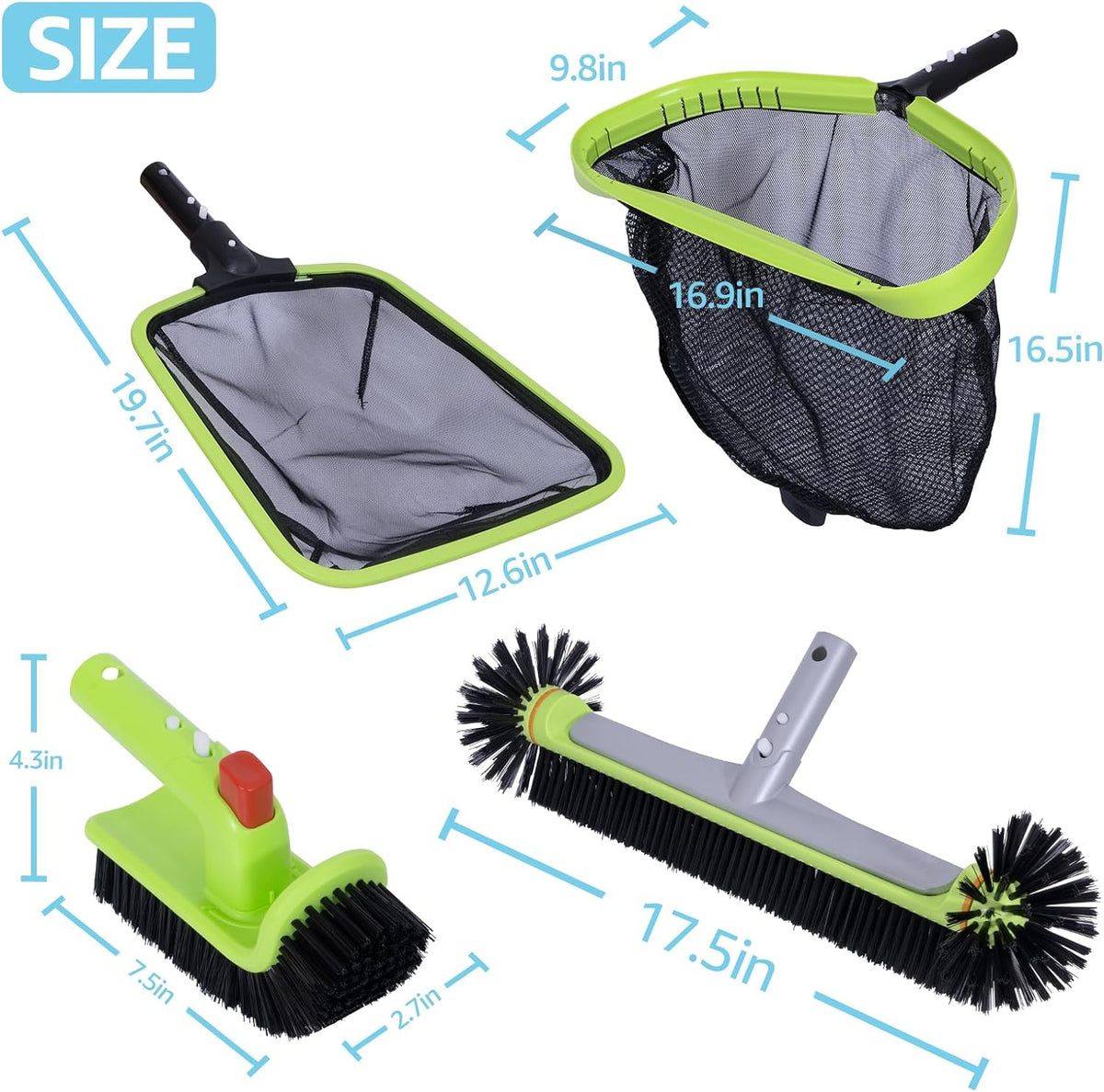 Sepetrel Deluxe Swimming Pool Cleaning Kit Including Professional Leaf Skimmer Net,Half-Depth Fine Mesh Net,17.5" Pool Brush Head & Hand Scrub Brush(NO Pole)