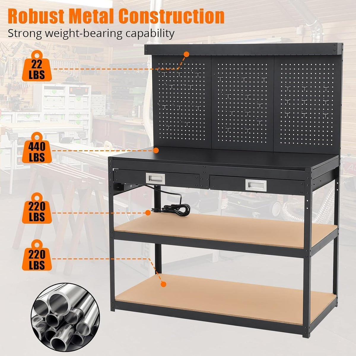 48'' 3-Tier Adjustable Workbench, Heavy Duty Workbench with Drawer and Backplate, 2000 LBS Capacity Work Table, Suitable for Office, Garage, Workshop