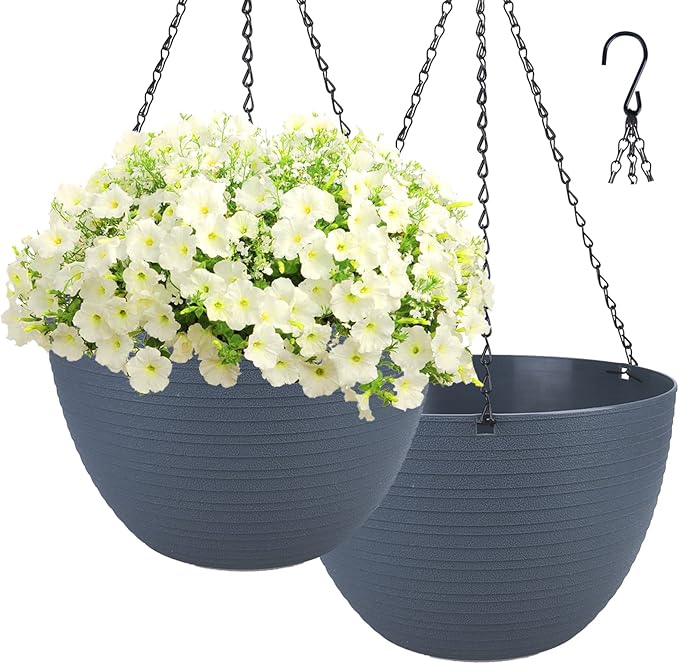 summer flower 2 Pack 9.9 Inch Self Watering Hanging, Deep Planters Hanging Pots for Indoor Outdoor Plants Hanging Baskets Hanging Plant Holder Plant Hanger for Flower Garden Porch Ceiling (Dark Gray)