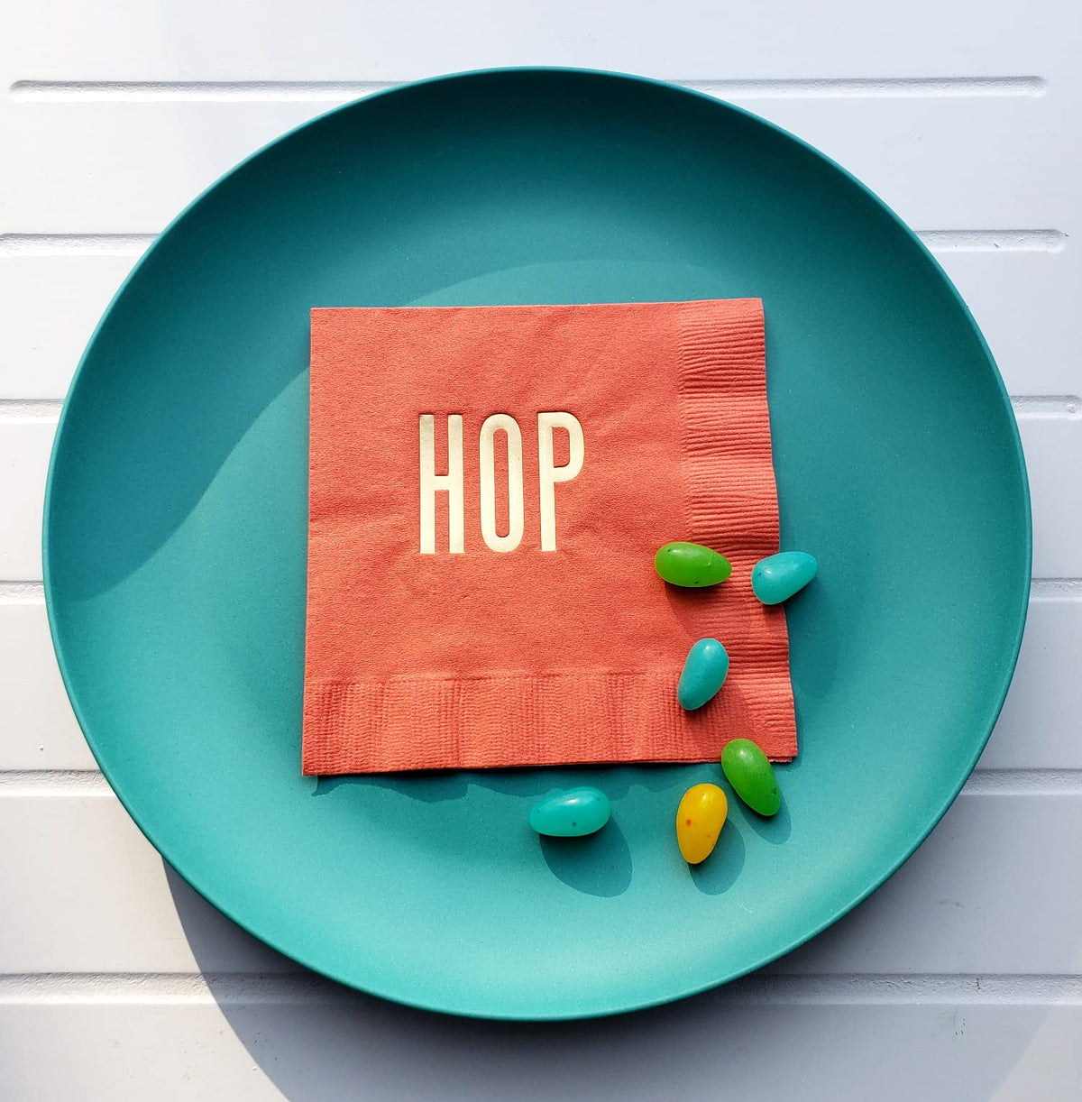 HOP HOP Easter Cocktail Beverage Napkins (20 pcs) Coral and Yellow with Gold Foil Party Decorations by Nerdy Words