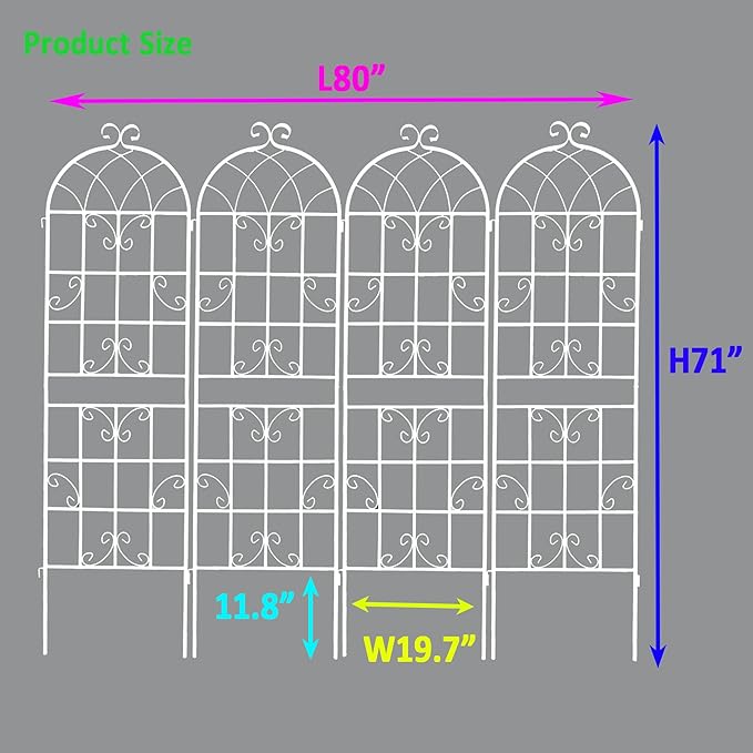 4 Pack Metal Garden Trellis 71" Fence Rustproof Garden Trellis for Climbing Plants Support Roses Flower Outdoor Lawn, Cream White