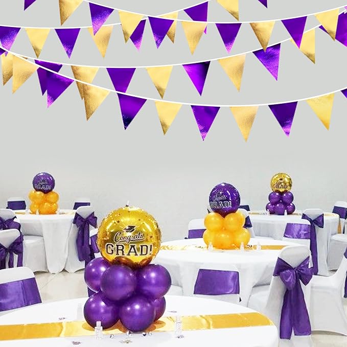 Purple and Gold Party Decorations Metallic Fabric Triangle Pennant Banner Flag Bunting Garland for Graduations Birthday Retirement Wedding Baby Shower Bachelorette Halloween Outdoor Party Supplies