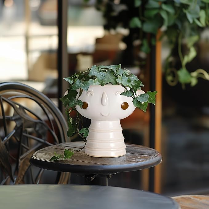 Head Planter for Indoor Plants - 7 Inch Ceramic Face Planter, Cute Succulent Pot with Drainage Hole, Indoor Outdoor Flower Plant Pot, Home Garden Decor, Gift for Plant Lovers, White