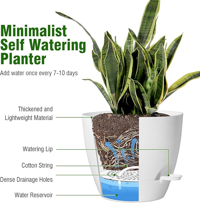 Large Self Watering Pots, 12/10/9 Plastic Planters with High Drainage Holes and Deep Reservoir for Indoor Outdoor Garden Plants and Flowers, White