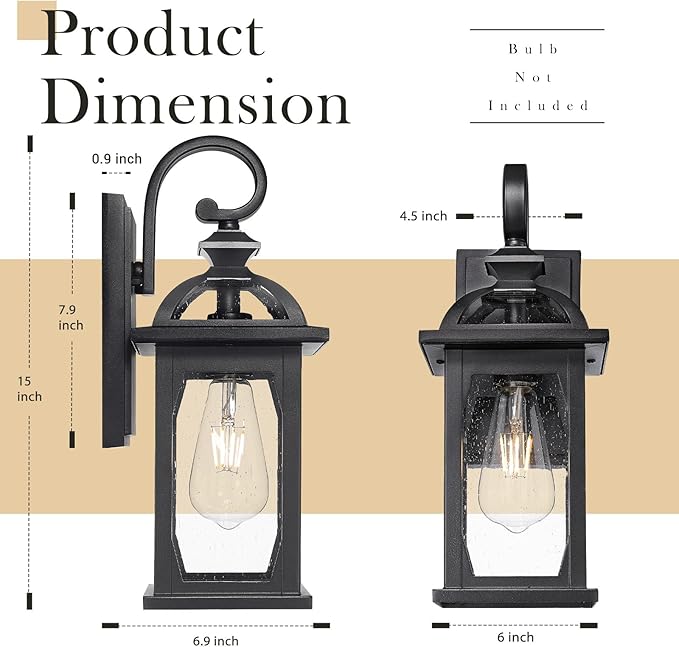 zeyu 2 Pack Outdoor Wall Lantern for Porch, 15 Inch Patio Wall Light Fixture Exterior Lights for House, Die-Cast Aluminum, Black Finish with Seeded Glass, ZD100B-2PK BK