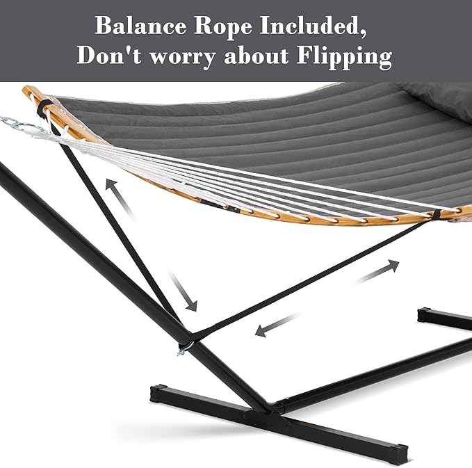 SUNCREAT Double Portable Hammock with Stand, 2 Person Hammock with Curved Spreader Bar, Balance Ropes Included, Dark Gray