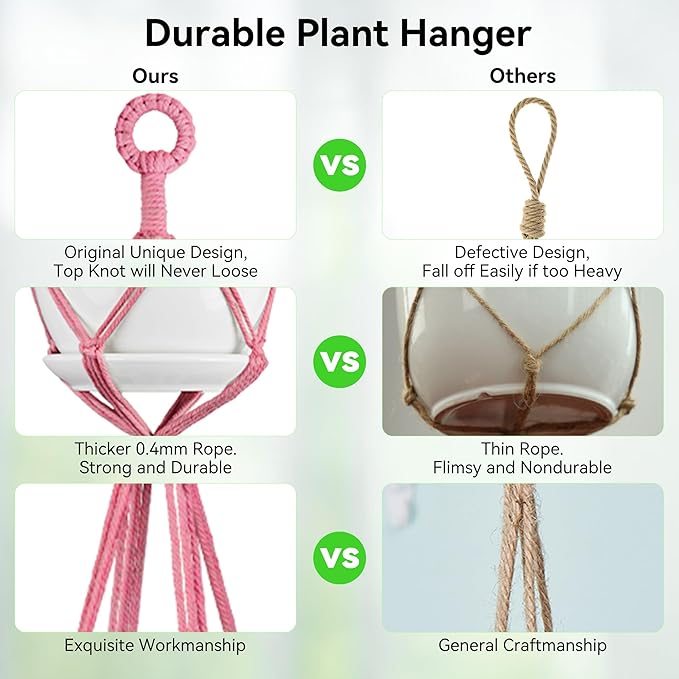 USLAI Macrame Plant Hanger Indoor Outdoor, Up to 4-15 inch Pot, Heavy 20lb Planters, Extra Long Strong Hanging Planter Basket Holder, Boho Home Decor, 35+72 Inch, Pink (POTS NOT Included)