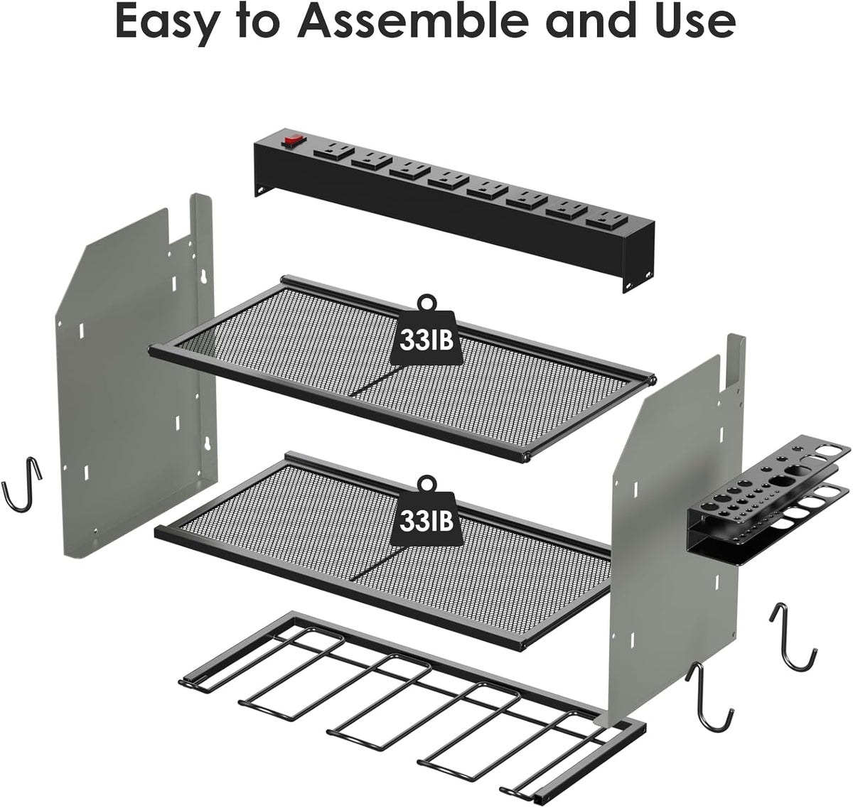 CCCEI Modular Power Tool Organizer Wall Mount with Charging Station. Garage 4 Drill Storage Shelf with Hooks, Drill Bit Heavy Duty Rack, Grey Tool Battery Holder Built in 8 Outlet Power Strip.