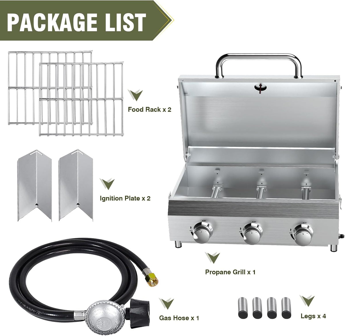 Bestfire 3-Burner Tabletop Gas Grill, 30,000 BTU Portable Propane Grill with Heavy-Duty Thickened Grates & Stainless Steel Knobs, Compact Design&Detachable Legs for Camping, RV, Backyard BBQ