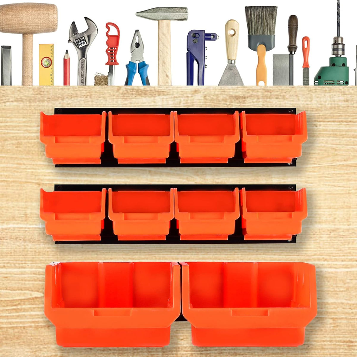 Wallmaster Wall Mounted Storage Bins, Wall Storage Bins Parts Rack 10 Bins&3 Rails Wall Mount Tool Organizer Hardware Storage Organizer (Orange)