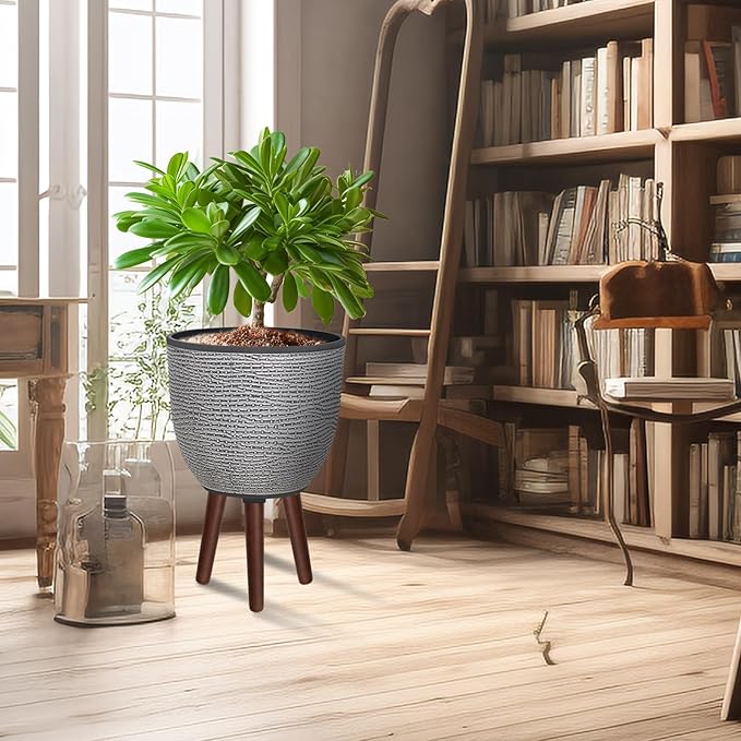 12 Inches Plant Pot with Stand, Large Decorative Standing Planters with Drainage Holes for Indoor Plants, Modern Gray Flower Pots with Legs