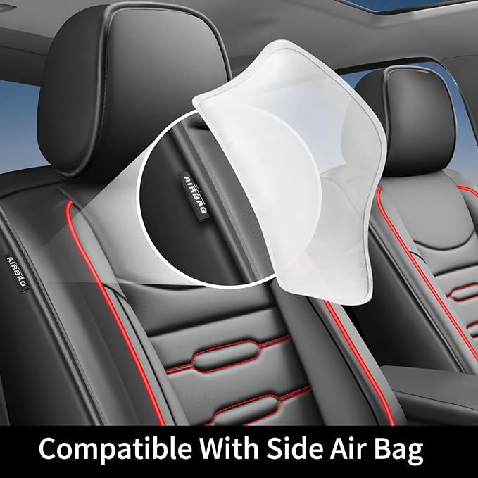 Fit Ridgeline Car Seat Covers for Honda Ridgeline 2007-2025 2026 - Upgraded Premium Waterproof & Breathable Leather, Airbag Compatible, All-Weather Seat Cushion Protector (2 Front/Black+Red)