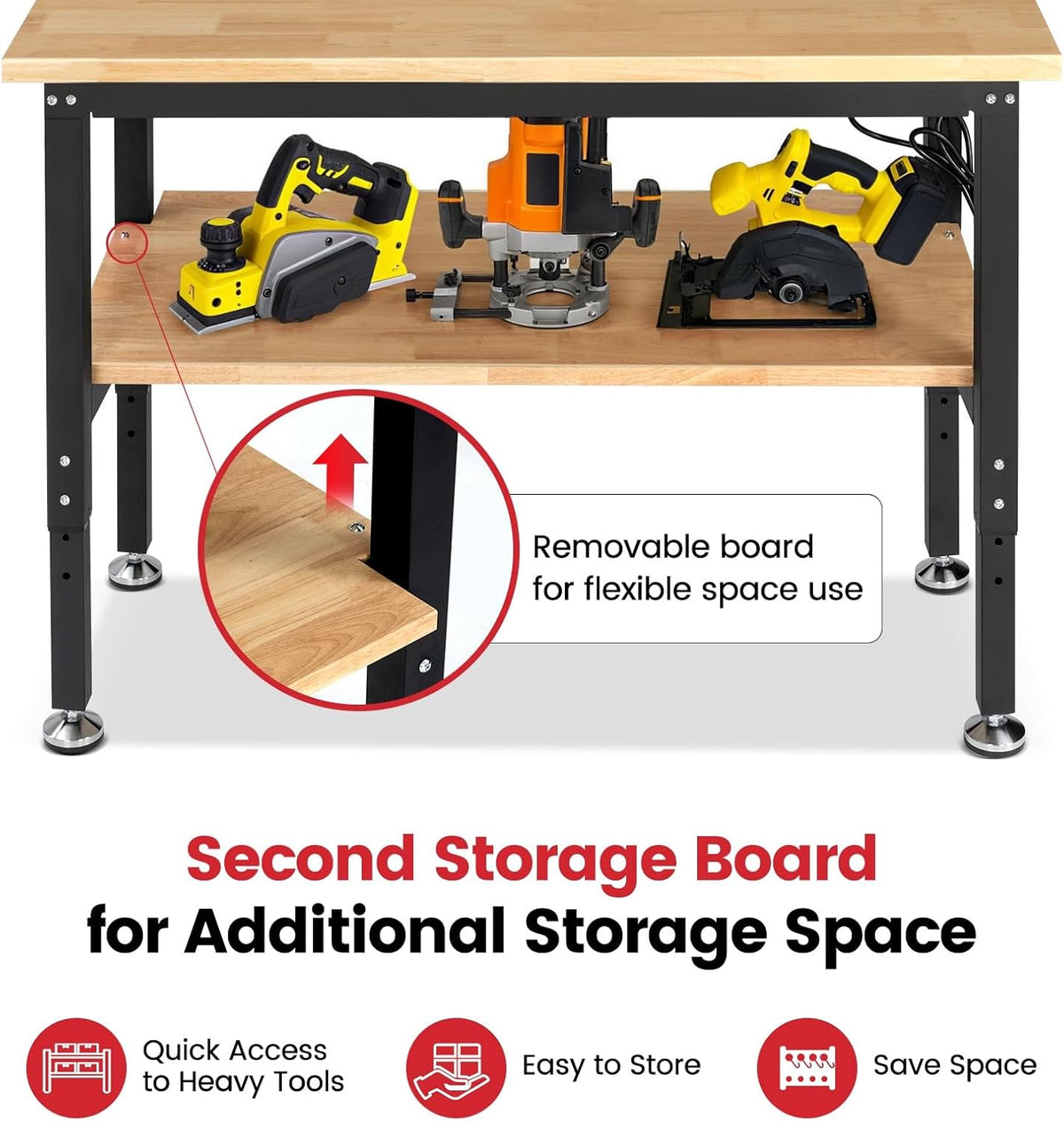 Workbench with Double Layers 48 x 20 Inch Heavy Duty Rubberwood Tabletop Work Table for Garage Adjustable Height Work Bench with Power Outlets Pegboard Pad for Woodworking Shop, Home, Office