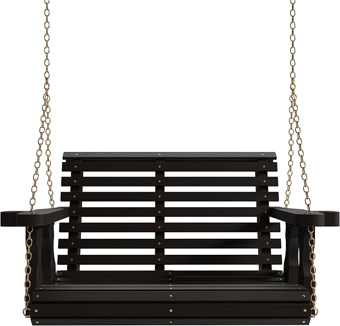 Amish Casual Roll Back Swing, 3-Foot, Semi-Solid Black Stain, Chains, with cupholders