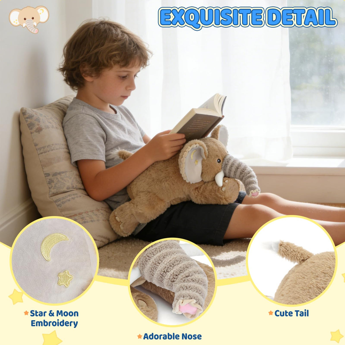 PEACH CAT Goodnight Elephant Stuffed Animal 19.7" Cute Elephant Plush Soft Plushies Toys Gifts for Kids Brown