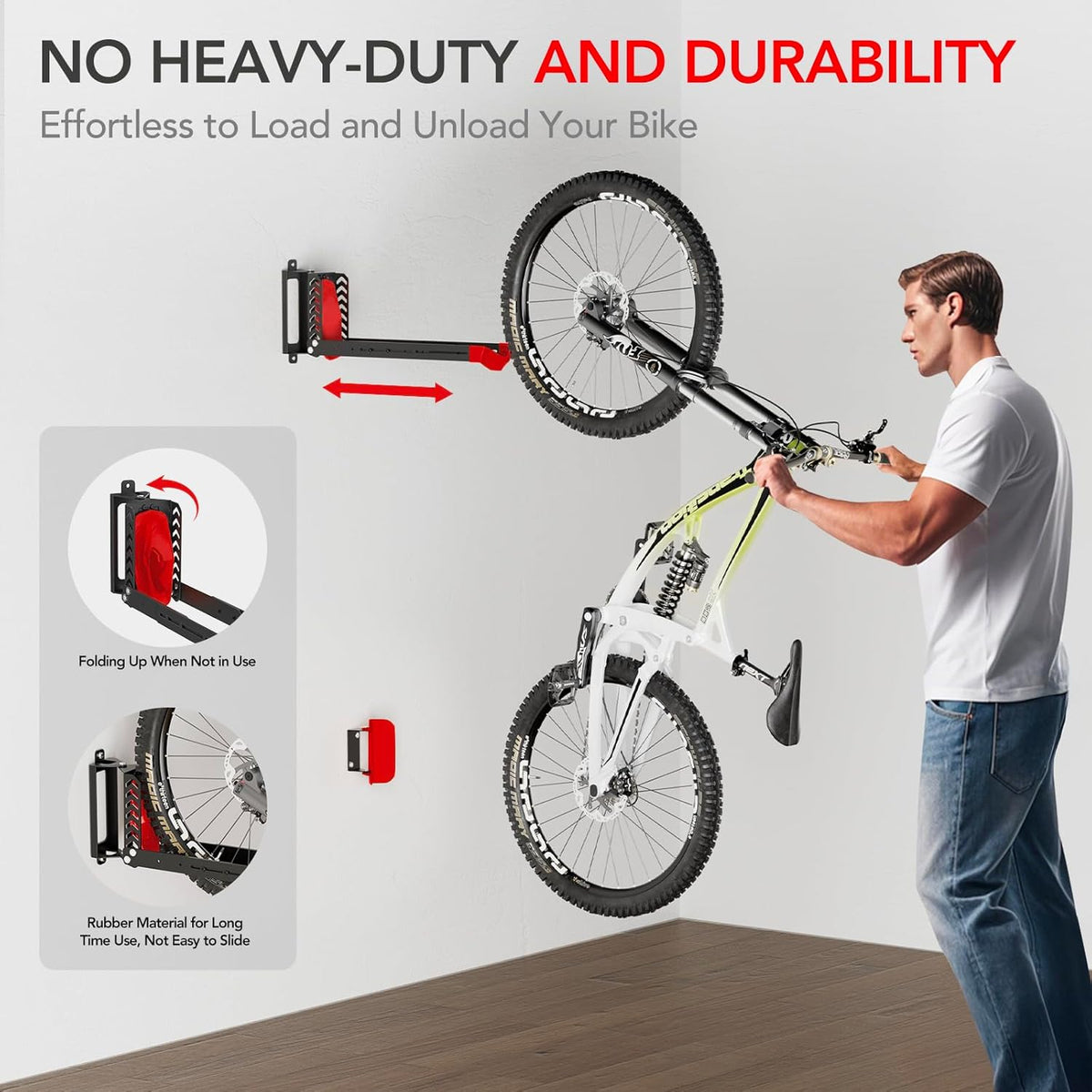 3-Pack Swivel Bike Rack Wall Mount, Bike Hangers for Garage, Space-Saving Vertical Bike Holder, Holds up to 77 lbs, Bicycle Wall Hanger Storage, No Heavy Lifting Required Indoor Hanging Bike Rack-Red