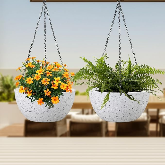 10 inch Hanging Planters for Indoor Outdoor Plants, 2 Pack Hanging Flower Pots with Drainage Holes and Chain for Garden Porch, Plastic Hanging Baskets for House Plants, Speckled White