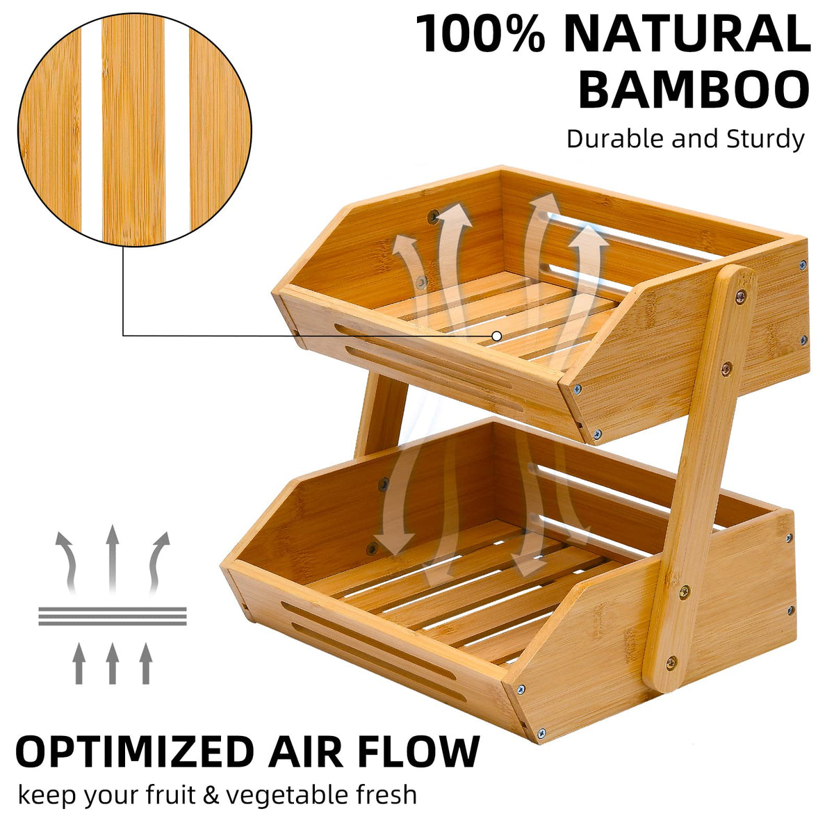 VIKEYHOME 2-Tier Bamboo Fruit Basket - 11" Tall Kitchen Countertop Stand