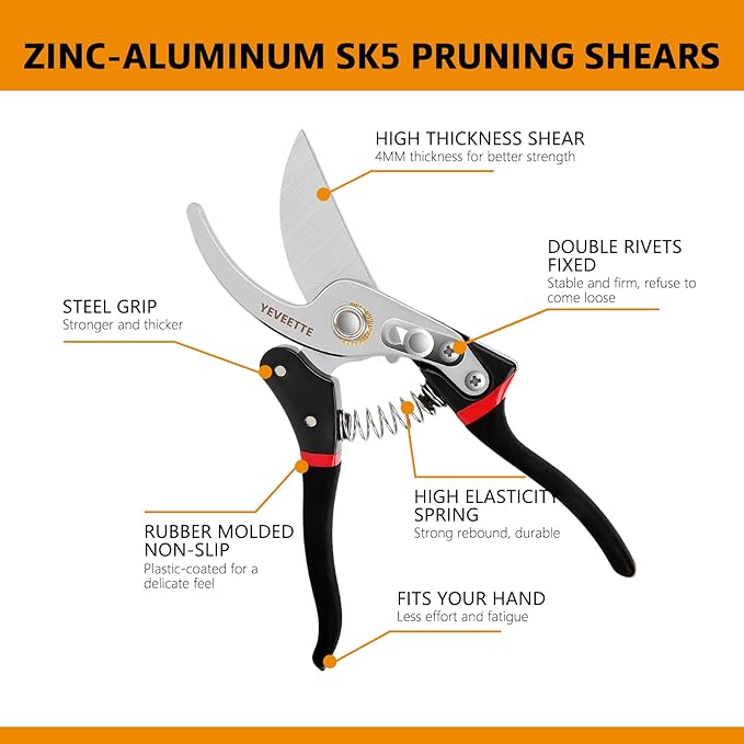 Pruning Shears, 8.5" Professional Garden Shears, SK5 Steel Hedge Clippers, Garden Clippers Handheld, Heavy Duty Garden Scissors Tools, Pruning Shears for Gardening Yard Roadside